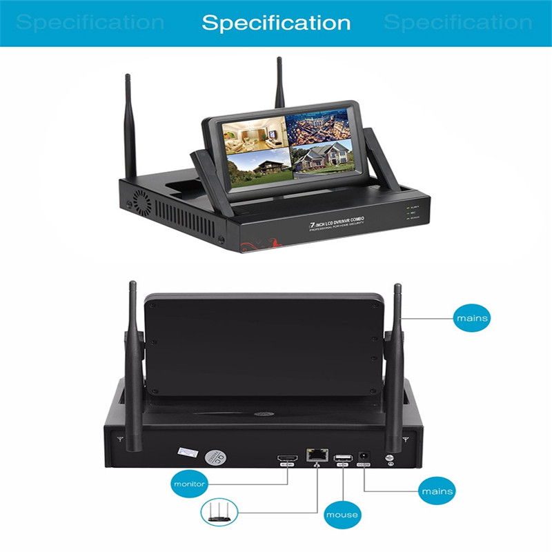4CH 1080P TUYA APP 7inch Monitor Display Wireless NVR Kit Security System Wifi IP Kit Screen Monitor