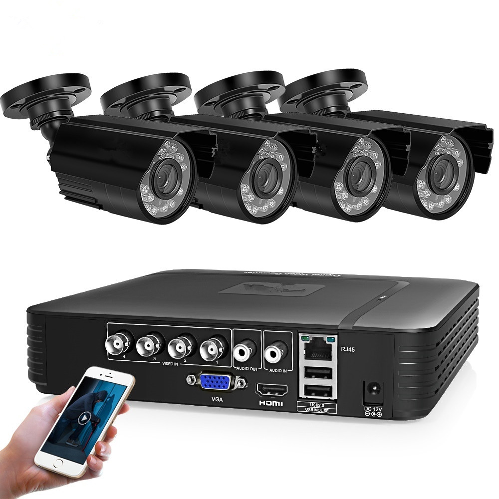1080N 4CH Security Camera System AHD DVR Video Surveillance Kit with (4) HD 1.0MP (720P) Waterproof Bullet CCTV Cameras,