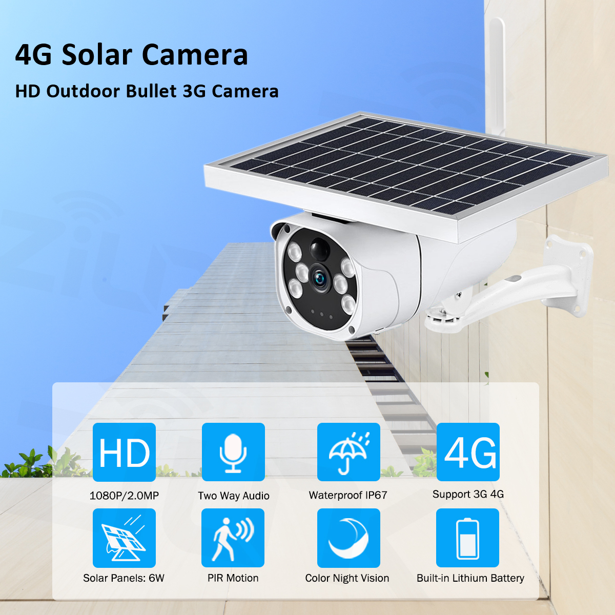4G SIM Card Solar 1080P HD Outdoor Built-in Lithium Battery Smart Security Monitoring PIR Motion Detection Camera