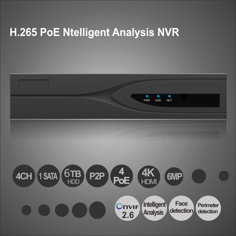 4CH 6MP POE H.265 Onvif NVR Support 1x6TB SATA HDD Support face detection  Network Video Recorder