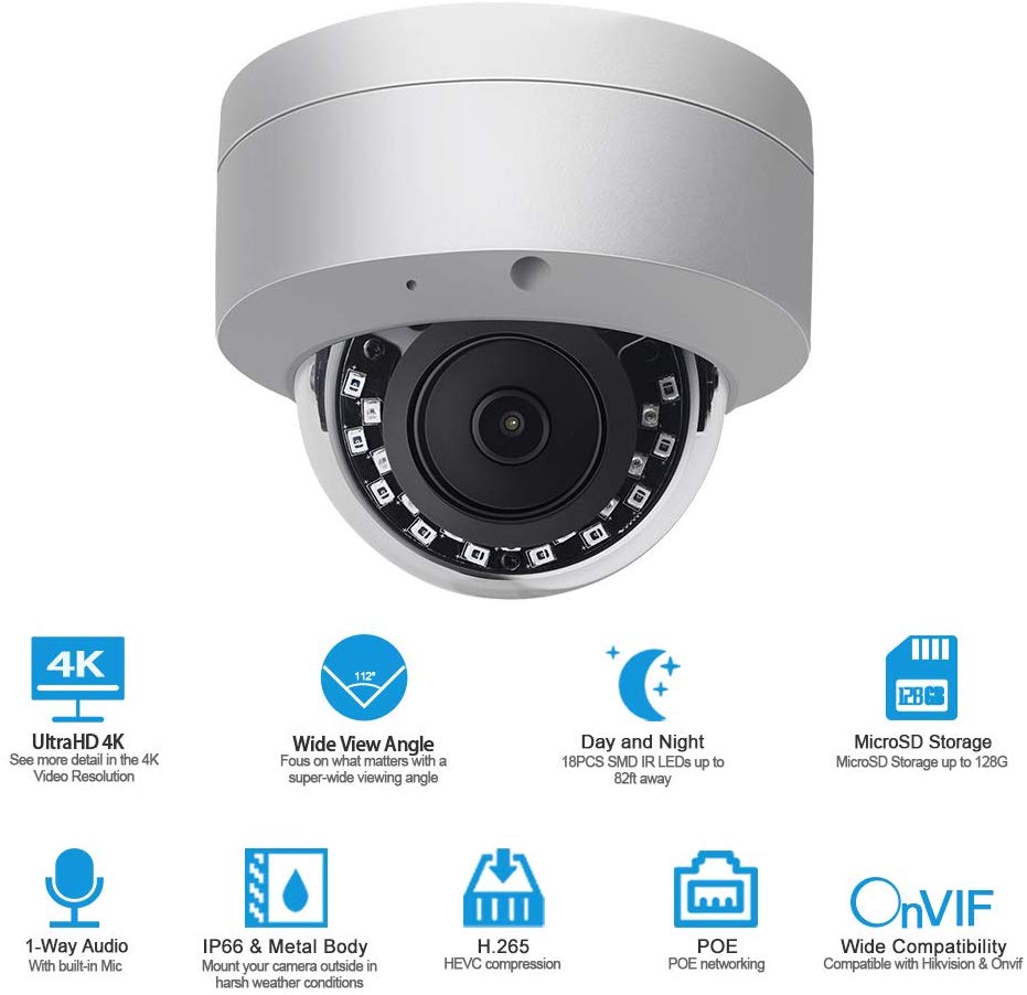 4K 8MP IP Security Dome Camera  wide angle Indoor outdoor Weatherproof IP66  with night vision