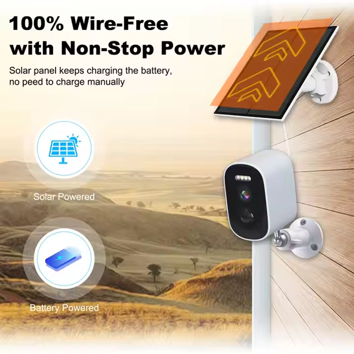 Solar Powered Wireless Security Camera 2K 4MP Wall Mount Smart WiFi Camera PIR Motio (